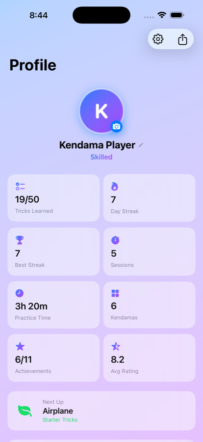 The profile screen showing streak, practice time, and achievement stats