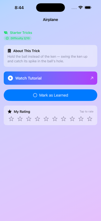 A trick page showing difficulty, a description, a tutorial button, and a ten-star rating